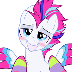 Size: 1920x1920 | Tagged: safe, artist:melonmilk, derpibooru exclusive, zipp storm, pegasus, pony, g4, g5, my little pony: a new generation, arm warmers, blushing, clothes, colored wings, feathered wings, female, kneesocks, longsocks, looking at you, mare, multicolored wings, show accurate, simple background, smiling, smug, smugzipp, socks, solo, spread wings, striped socks, white background, wings