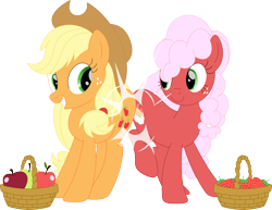 Size: 3557x2742 | Tagged: safe, artist:porygon2z, applejack, oc, oc:strawberry fluffcake, earth pony, pony, g4, apple, butt to butt, butt touch, food, herbivore, high res, strawberry