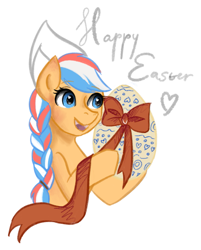Size: 835x1041 | Tagged: safe, oc, oc only, oc:ember, oc:ember (hwcon), pony, hearth's warming con, easter, egg, holiday, mascot, solo