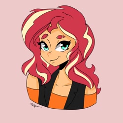 Size: 1080x1080 | Tagged: safe, artist:rapunzelights, sunset shimmer, equestria girls, g4, bust, clothes, cute, eyelashes, female, pink background, shimmerbetes, signature, simple background, smiling, solo