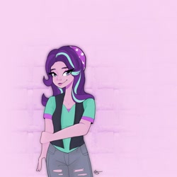 Size: 1080x1080 | Tagged: safe, artist:rapunzelights, starlight glimmer, equestria girls, g4, beanie, clothes, eyelashes, female, hat, pink background, signature, simple background, smiling, solo, torn clothes, vest