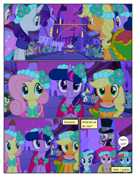 Size: 612x792 | Tagged: safe, artist:newbiespud, edit, edited screencap, screencap, apple cobbler, applejack, berry punch, berryshine, bon bon, bruce mane, carrot top, coco crusoe, eclair créme, fine line, fluttershy, golden harvest, lightning bolt, masquerade, maxie, minuette, north star, orion, perfect pace, pinkie pie, rainbow dash, rarity, red gala, shooting star (character), spike, sweetie drops, twilight sparkle, white lightning, dragon, pony, unicorn, comic:friendship is dragons, a canterlot wedding, g4, season 2, apple family member, background pony audience, bowtie, chariot, clothes, comic, dialogue, dress, eyelashes, female, floral head wreath, flower, frown, grin, hat, horn, male, mane seven, mane six, mare, night, outdoors, screencap comic, smiling, stars, suit, top hat, unicorn twilight
