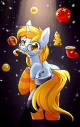 Size: 700x1108 | Tagged: safe, artist:pledus, oc, oc only, oc:silver spirit, pony, unicorn, amputee, candy, candy cane, christmas, christmas ornament, clothes, decoration, food, hearth's warming eve, holiday, ornament, prosthetic limb, prosthetics, socks, solo, striped socks