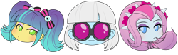 Size: 2224x687 | Tagged: safe, alternate version, artist:batipin, part of a set, photo finish, pixel pizazz, violet blurr, equestria girls, g4, female, head only, simple background, the snapshots, transparent background, trio, trio female