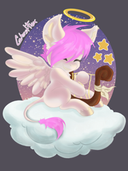 Size: 960x1280 | Tagged: safe, oc, oc only, angel, pegasus, pony, angelwings, chibi, cloud, commission, cute, pinkhair, solo, your character here
