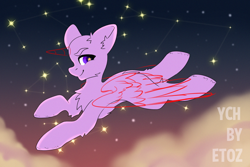 Size: 3000x2000 | Tagged: safe, artist:etoz, pony, advertisement, auction, auction open, cloud, commission, constellation, flying, generic pony, happy, high res, horn, in the sky, sky, smiling, starry eyes, stars, wingding eyes, wings, ych example, your character here