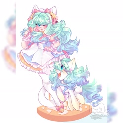 Size: 1920x1920 | Tagged: safe, artist:honkingmother, oc, oc only, human, pony, unicorn, bell, blushing, bow, catgirl, clothes, curved horn, dress, hair bow, horn, human ponidox, one eye closed, self ponidox, skirt, smiling, wink
