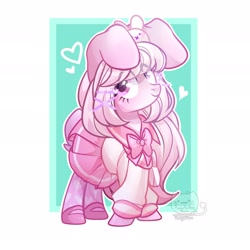 Size: 1920x1920 | Tagged: safe, artist:alinabrony-29, artist:honkingmother, oc, oc only, pony, bow, bowtie, bunny ears, clothes, dress, heart, looking at you, skirt, smiling, solo