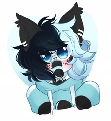 Size: 1870x2048 | Tagged: safe, artist:honkingmother, bat pony, pony, bandaid, bandaid on nose, blushing, clothes, cookie, food, hoodie, looking at you, oreo, solo, tongue out