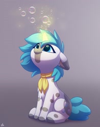 Size: 2200x2800 | Tagged: safe, artist:luminousdazzle, oc, oc only, oc:soap bubbles, pony, unicorn, bubble, high res, looking up, markings, neckerchief, solo, spots
