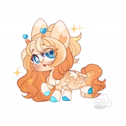 Size: 1920x1920 | Tagged: safe, artist:honkingmother, oc, oc only, pony, blushing, chibi, horns, leonine tail, looking at you, open mouth, solo, sparkles, starry eyes, wingding eyes