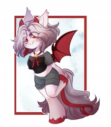 Size: 1784x2048 | Tagged: safe, artist:honkingmother, oc, oc only, bat pony, demon, demon pony, anthro, unguligrade anthro, bat wings, bell, blouse, clothes, grin, horns, midriff, ribbon, see-through, shorts, smiling, solo, wings
