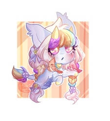 Size: 808x892 | Tagged: safe, artist:honkingmother, oc, oc only, bird, bow, braid, chibi, hair bow, horns, leonine tail, solo