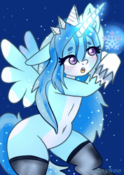 Size: 2480x3508 | Tagged: safe, artist:anykoe, oc, oc only, alicorn, semi-anthro, alicorn oc, arm hooves, clothes, high res, horn, magic, snow, snowfall, snowflake, socks, solo, wings