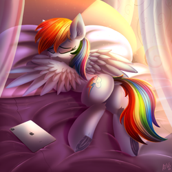 Size: 5000x5000 | Tagged: safe, alternate version, artist:atlas-66, rainbow dash, pegasus, pony, g4, absurd resolution, adorasexy, bed, bedroom, butt, clothes, cute, dashabetes, day, dock, dock fluff, eyebrows, eyes closed, female, frog (hoof), grooming, indoors, ipad, lying down, mare, on bed, pillow, plot, prone, rainbutt dash, see-through, sexy, signature, sleeping, solo, stupid sexy rainbow dash, tablet, tail, underhoof, wings