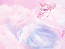 Size: 2048x1530 | Tagged: safe, artist:honkingmother, oc, oc only, pony, unicorn, cloud, colored horn, curved horn, horn, lying down, lying on a cloud, on a cloud, solo