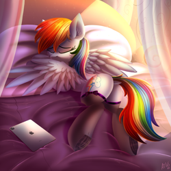 Size: 5000x5000 | Tagged: safe, alternate version, artist:atlas-66, rainbow dash, pegasus, pony, g4, absurd resolution, adorasexy, bed, bedroom, butt, clothes, cute, dashabetes, day, dock, dock fluff, eyebrows, eyes closed, female, frog (hoof), grooming, indoors, ipad, lying down, mare, on bed, pillow, plot, prone, rainbutt dash, see-through, sexy, signature, sleeping, solo, spread wings, stockings, stupid sexy rainbow dash, tablet, tail, thigh highs, underhoof, wings