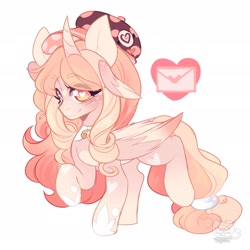 Size: 1920x1920 | Tagged: safe, artist:honkingmother, oc, oc only, alicorn, pony, blushing, cap, hat, heart eyes, looking at you, smiling, solo, wingding eyes