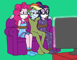 Size: 1544x1201 | Tagged: safe, artist:bugssonicx, pinkie pie, rainbow dash, sci-twi, twilight sparkle, human, equestria girls, g4, arm behind back, bondage, bound and gagged, cloth gag, clothes, couch, female, footed sleeper, footie pajamas, gag, help us, nightgown, onesie, over the nose gag, pajamas, rope, rope bondage, sleepover, slumber party, smiling, socks, stocking feet, television, tied up