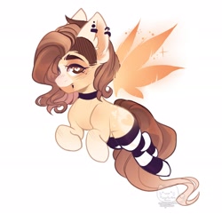 Size: 1920x1920 | Tagged: safe, artist:honkingmother, oc, oc only, pony, artificial wings, augmented, choker, clothes, ear piercing, earring, flying, heart eyes, jewelry, looking at you, magic, magic wings, piercing, smiling, socks, solo, sparkles, spread wings, striped socks, thigh highs, wingding eyes, wings