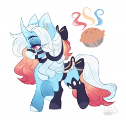 Size: 1920x1920 | Tagged: safe, artist:honkingmother, oc, oc only, pony, unicorn, bow, bridle, curved horn, ear piercing, earring, food, hair bow, horn, jewelry, lidded eyes, pie, piercing, saddle, smiling, solo, tack, tail bow
