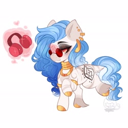 Size: 1920x1920 | Tagged: safe, artist:honkingmother, oc, oc only, hybrid, pony, zony, bracelet, colored hooves, ear piercing, earring, eyeshadow, headphones, jewelry, lidded eyes, makeup, neck rings, necklace, piercing, quadrupedal, ring, simple background, solo, sunglasses, tail, tail ring, unshorn fetlocks, white background, zoomorphic