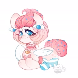 Size: 1920x1920 | Tagged: safe, artist:honkingmother, oc, oc only, pegasus, pony, bell, choker, clothes, ear piercing, earring, food, jewelry, looking at you, piercing, smiling, socks, solo, sprinkles, striped socks, thigh highs