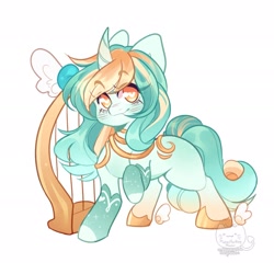 Size: 1920x1920 | Tagged: safe, artist:honkingmother, oc, oc only, pony, unicorn, artificial wings, augmented, blushing, clothes, curved horn, harp, heart eyes, horn, looking at you, magic, magic wings, musical instrument, smiling, socks, solo, wingding eyes, winged hooves, wings