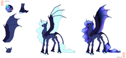 Size: 5000x2300 | Tagged: safe, artist:anelaponela, princess luna, alicorn, pony, g4, bat wings, cheek fluff, colored wings, ear fluff, ethereal mane, fangs, female, freckles, headcanon, horn, hybrid wings, leonine tail, looking at you, redesign, reference sheet, simple background, slit pupils, solo, starry mane, starry wings, travelersverse, wings
