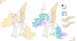 Size: 4400x2360 | Tagged: safe, artist:anelaponela, princess celestia, alicorn, pony, g4, cheek fluff, ear fluff, female, freckles, headcanon, horn, leonine tail, looking at you, redesign, reference sheet, simple background, smiling, smiling at you, solo, travelersverse, wings