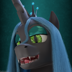 Size: 3840x3840 | Tagged: safe, artist:radiomann01, queen chrysalis, changeling, changeling queen, g4, 3d, blender, blender cycles, fangs, female, high res, looking at you, mawshot, open mouth, render, sharp teeth, simple background, smiling, smug, solo, teeth, uvula