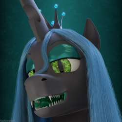 Size: 3840x3840 | Tagged: safe, alternate version, artist:radiomann01, queen chrysalis, changeling, changeling queen, g4, 3d, blender, blender cycles, fangs, female, high res, looking at you, mawshot, open mouth, render, sharp teeth, simple background, smiling, smug, solo, teeth, uvula
