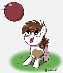 Size: 1812x2108 | Tagged: safe, artist:heretichesh, pipsqueak, earth pony, pony, g4, ball, behaving like a dog, coat markings, colt, cute, dodgeball, grass, happy, male, open mouth, pinto, smiling, squeakabetes