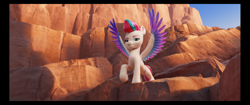 Size: 4430x1856 | Tagged: safe, screencap, zipp storm, pegasus, pony, g5, my little pony: a new generation, official, spoiler:my little pony: a new generation, 3d, belly, colored wings, female, mare, multicolored wings, outdoors, raised hoof, solo, spread wings, wings