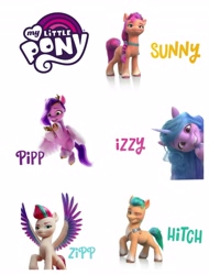 Size: 3106x4096 | Tagged: safe, hitch trailblazer, izzy moonbow, pipp petals, sunny starscout, zipp storm, earth pony, pegasus, pony, unicorn, g5, cellphone, female, high res, male, mane five, mare, name, one eye closed, phone, pony history, simple background, smartphone, stallion, upscaled, white background, wink