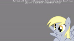 Size: 1920x1080 | Tagged: safe, derpy hooves, pegasus, pony, g4, fun fact, gray background, scrunchy face, simple background, text