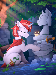 Size: 1820x2438 | Tagged: safe, artist:yakovlev-vad, oc, oc only, oc:mercy, pony, unicorn, branches, candlelight, clothes, concave belly, crepuscular rays, crying, cute, cutie mark, eyebrows, eyes closed, grass, grave, gravestone, high res, leaves, lilypad, no mouth, patreon, patreon reward, pond, ruins, shrine, slender, solo, sword, thin, tree, tree branch, two toned mane, water, weapon, white coat