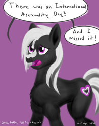 Size: 1100x1400 | Tagged: safe, artist:rockhoppr3, oc, oc only, oc:ace hearts, earth pony, pony, asexual, asexuality, chest fluff, sad, solo, speech bubble