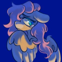 Size: 540x540 | Tagged: safe, artist:onionpwder, fluttershy, pegasus, pony, g4, blue background, bust, crying, female, floppy ears, freckles, looking at you, mare, profile, sad, simple background, solo, spread wings, teary eyes, two toned wings, wings