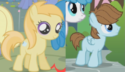 Size: 613x354 | Tagged: safe, artist:supermarioworld64, edit, edited screencap, screencap, chip mint, lightning bolt, noi, orange blossom, prim posy, rain catcher, white lightning, earth pony, pegasus, pony, a friend in deed, call of the cutie, g4, season 1, season 2, chipnoi, colt, comparison, duo, female, filly, male, offscreen character, shipping, shipping domino, smiling, straight