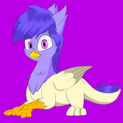 Size: 1280x1280 | Tagged: safe, artist:joaothejohn, oc, oc only, griffon, female, griffon oc, looking at you, lying down, prone, purple background, quadrupedal, simple background, smiling, solo, zoomorphic