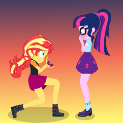 Size: 1081x1078 | Tagged: safe, artist:jcpreactyt, sci-twi, sunset shimmer, twilight sparkle, equestria girls, g4, my little pony equestria girls: better together, blushing, clothes, diamond ring, duo, female, gradient background, hair, hairpin, hand over mouth, lesbian, lovers, marriage proposal, ponytail, school uniform, ship:sci-twishimmer, ship:sunsetsparkle, shipping, shirt, skirt, smiling