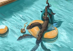 Size: 2048x1448 | Tagged: safe, artist:toisanemoif, queen chrysalis, changeling, changeling queen, pony, g4, cute, cutealis, female, inner tube, looking at you, mare, pool toy, solo, swimming pool, water