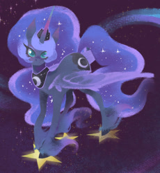 Size: 1377x1494 | Tagged: safe, artist:tinykirin, derpibooru exclusive, princess luna, alicorn, pony, g4, colored pupils, female, horn, mare, solo, space, spread wings, stars, tangible heavenly object, unshorn fetlocks, wings