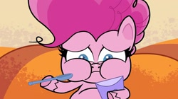 Size: 1440x808 | Tagged: safe, screencap, pinkie pie, earth pony, pony, g4.5, my little pony: pony life, the tiara of truth, spoiler:pony life s02e06, chubby cheeks, comfort eating, eating, fat, female, hoof hold, mare, pudgy pie, sad, spoon
