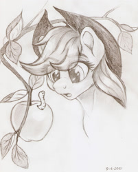 Size: 1621x2021 | Tagged: safe, artist:awalex, applejack, earth pony, pony, worm, g4, apple, food, fruit, open mouth, pencil drawing, solo, traditional art, tree