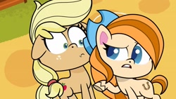 Size: 1663x935 | Tagged: safe, screencap, applejack, lariat, earth pony, pony, g4.5, my little pony: pony life, the great cowgirl hat robbery, spoiler:pony life s02e10, duo, duo female, female, hatless, missing accessory, teeth