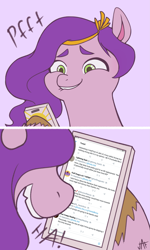 Size: 2101x3500 | Tagged: safe, artist:dorpapu, pipp petals, pegasus, pony, g5, adorapipp, biting, cellphone, comic, cute, dialogue, drama, female, high res, hoof hold, laughing, lip bite, mare, meta, open mouth, phone, purple background, simple background, smartphone, text, that pony sure does love phones, twitter, unshorn fetlocks