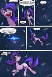 Size: 1920x2816 | Tagged: safe, artist:shieltar, part of a set, twilight sparkle, pony, unicorn, comic:giant twilight, g4, comic, cute, dialogue, ethereal mane, ethereal tail, female, galaxy, giant pony, giant twilight sparkle, giantess, growth, jewelry, macro, magic, mare, necklace, part of a series, pony bigger than a galaxy, pony bigger than a planet, pony bigger than a solar system, pony bigger than a star, pony heavier than a black hole, pony heavier than a galaxy, signature, size difference, solo, space, starry mane, starry tail, stars, tangible heavenly object, unicorn twilight