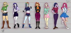 Size: 3000x1400 | Tagged: safe, artist:bidzinha, applejack, fluttershy, pinkie pie, rainbow dash, rarity, sci-twi, sunset shimmer, twilight sparkle, equestria girls, g4, alternate clothes, blushing, boob window, boots, bracelet, clothes, college, converse, cowboy boots, cutie mark, cutie mark on clothes, feet, fingerless gloves, geode of empathy, geode of fauna, geode of shielding, geode of super strength, glasses, gloves, high heels, humane five, humane seven, humane six, jacket, jeans, jewelry, leather jacket, magical geodes, miniskirt, nail polish, necklace, open-toed shoes, pants, rainbow socks, ripped jeans, ripped pants, sandals, shoes, shorts, simple background, skirt, socks, striped socks, suspenders, sweater, thigh highs, thigh socks, toes, torn clothes, university, wristband